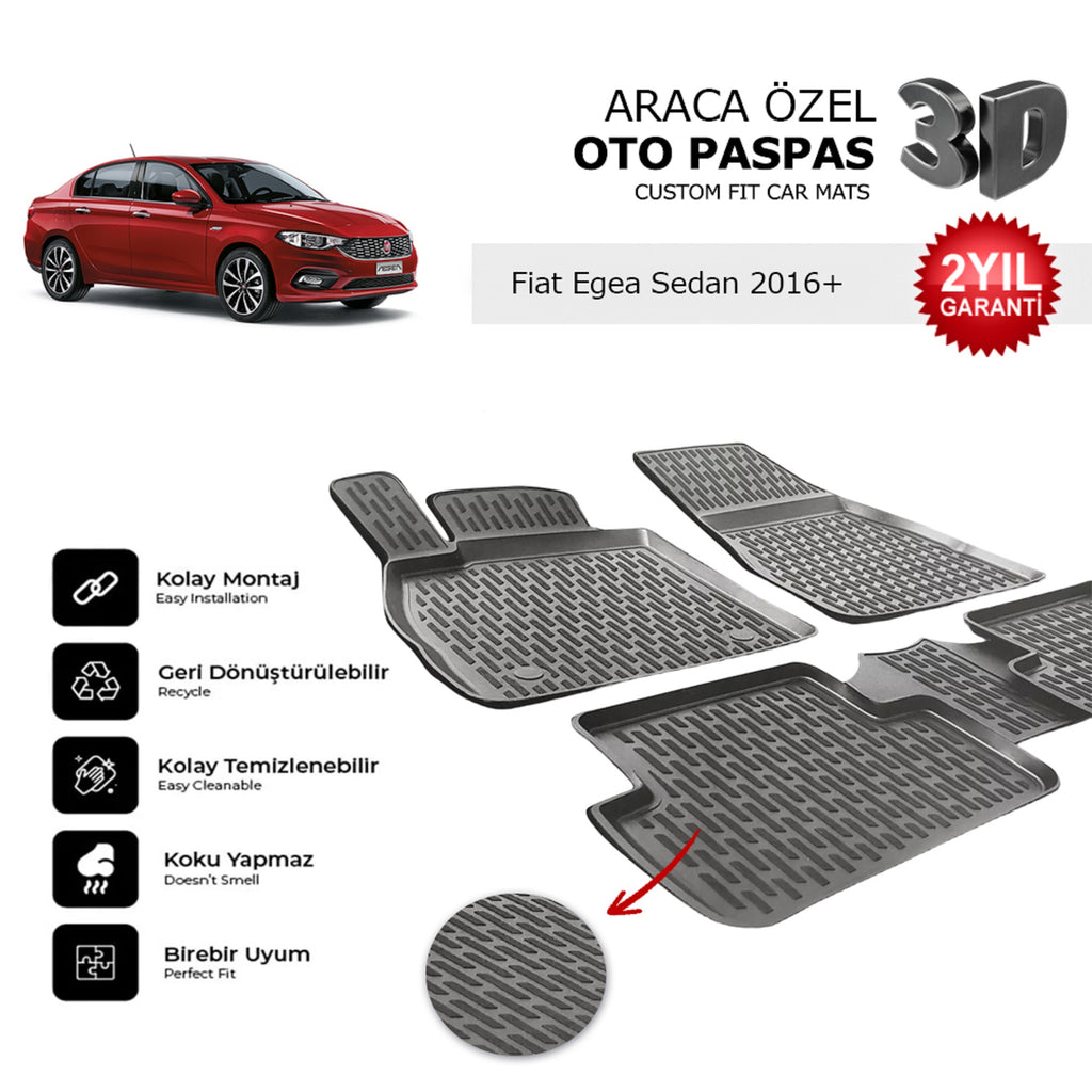 Fiat Egea Sedan 2016+ Araca Özel 3D Havuzlu Oto Paspas