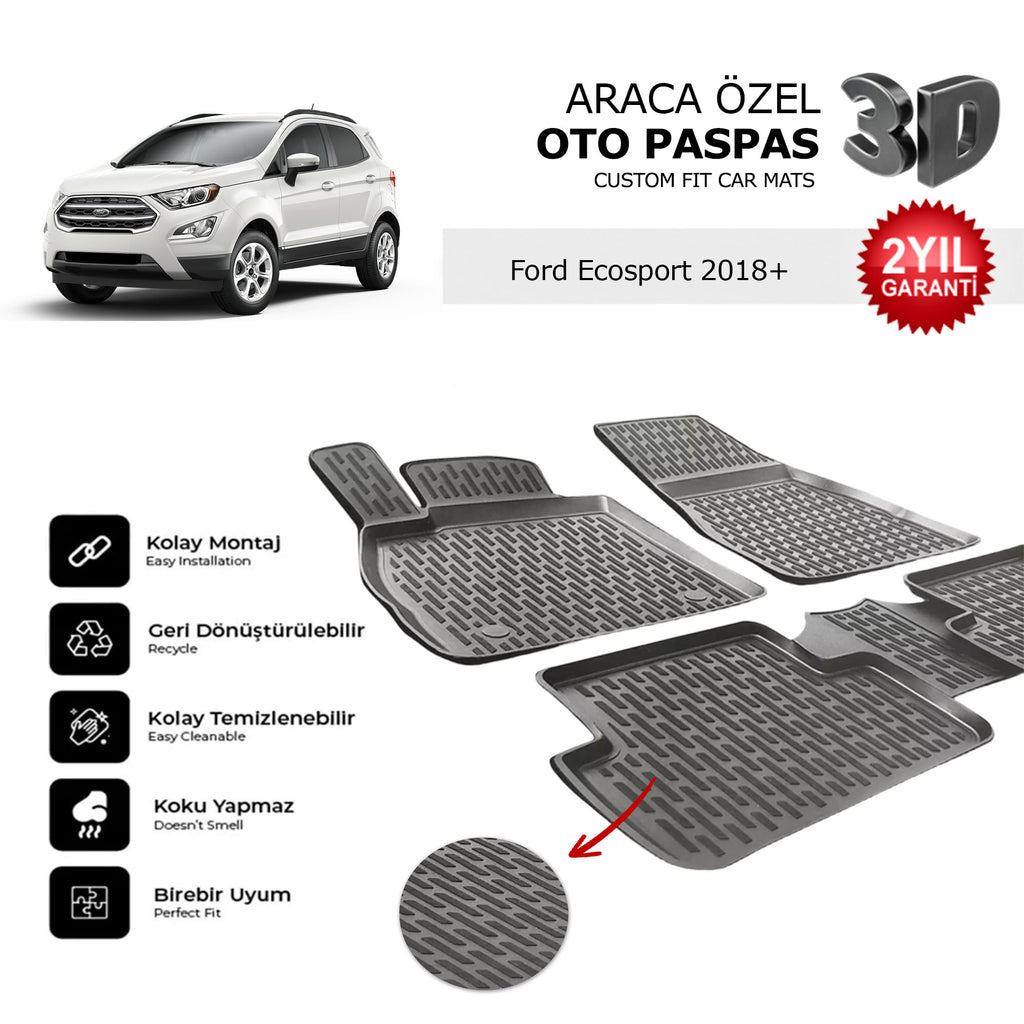 Ford Ecosport 2018+ Araca Özel 3D Havuzlu Oto Paspas