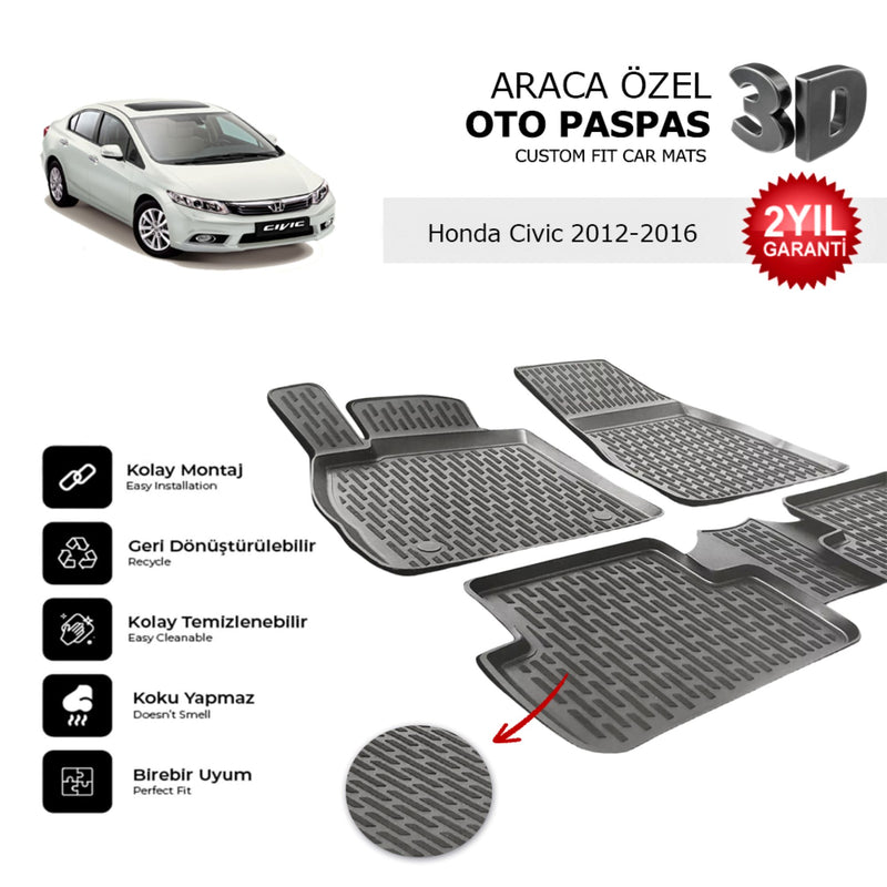 Honda Civic 2012-2016 Araca Özel 3D Havuzlu Oto Paspas