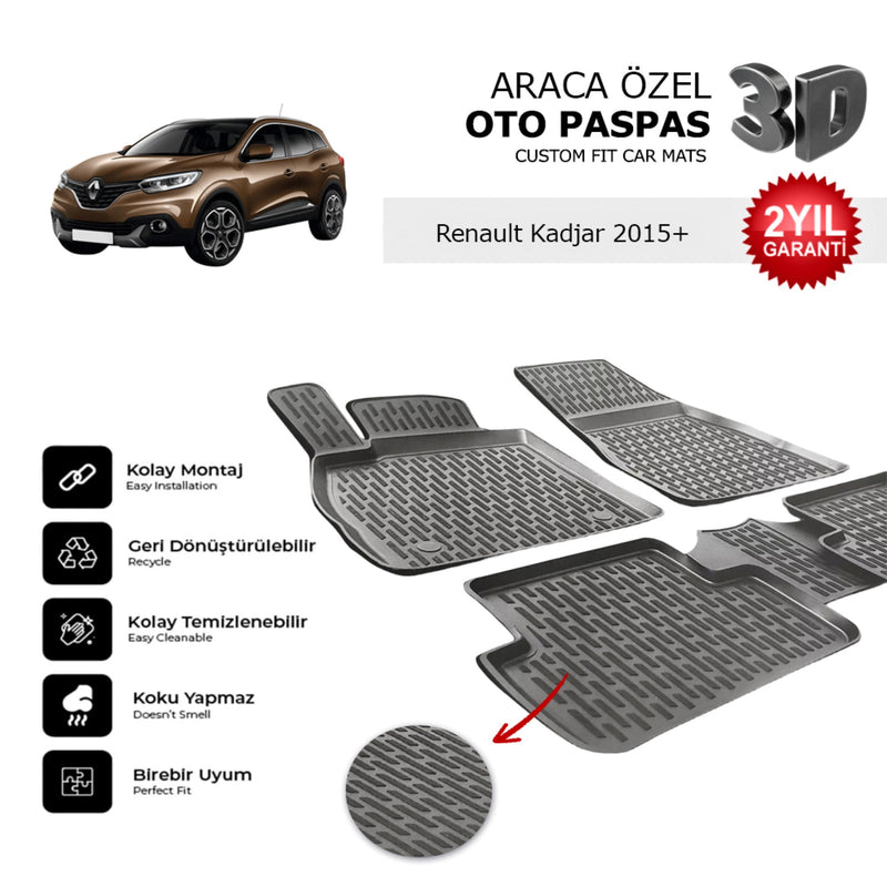 Renault Kadjar 2015+ Araca Özel 3D Havuzlu Oto Paspas
